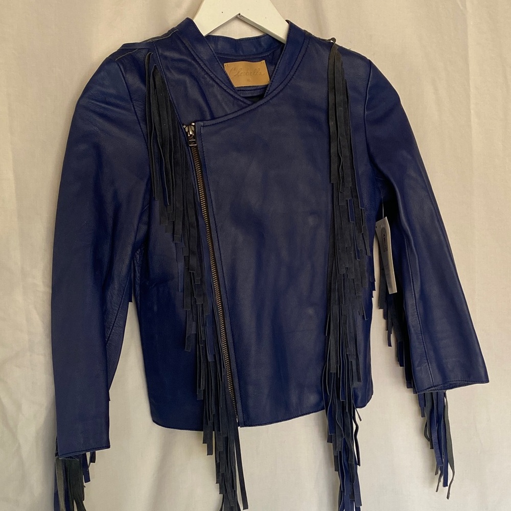 Cleobella Royal Blue Leather Jacket with Fringe
